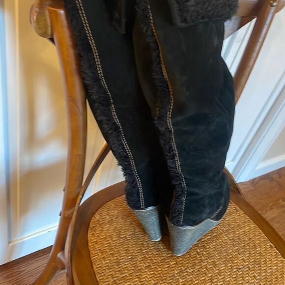 Steve Madden Carleyy black suede 3” wedge faux fur tall boot 8 - Picture 5 of 9